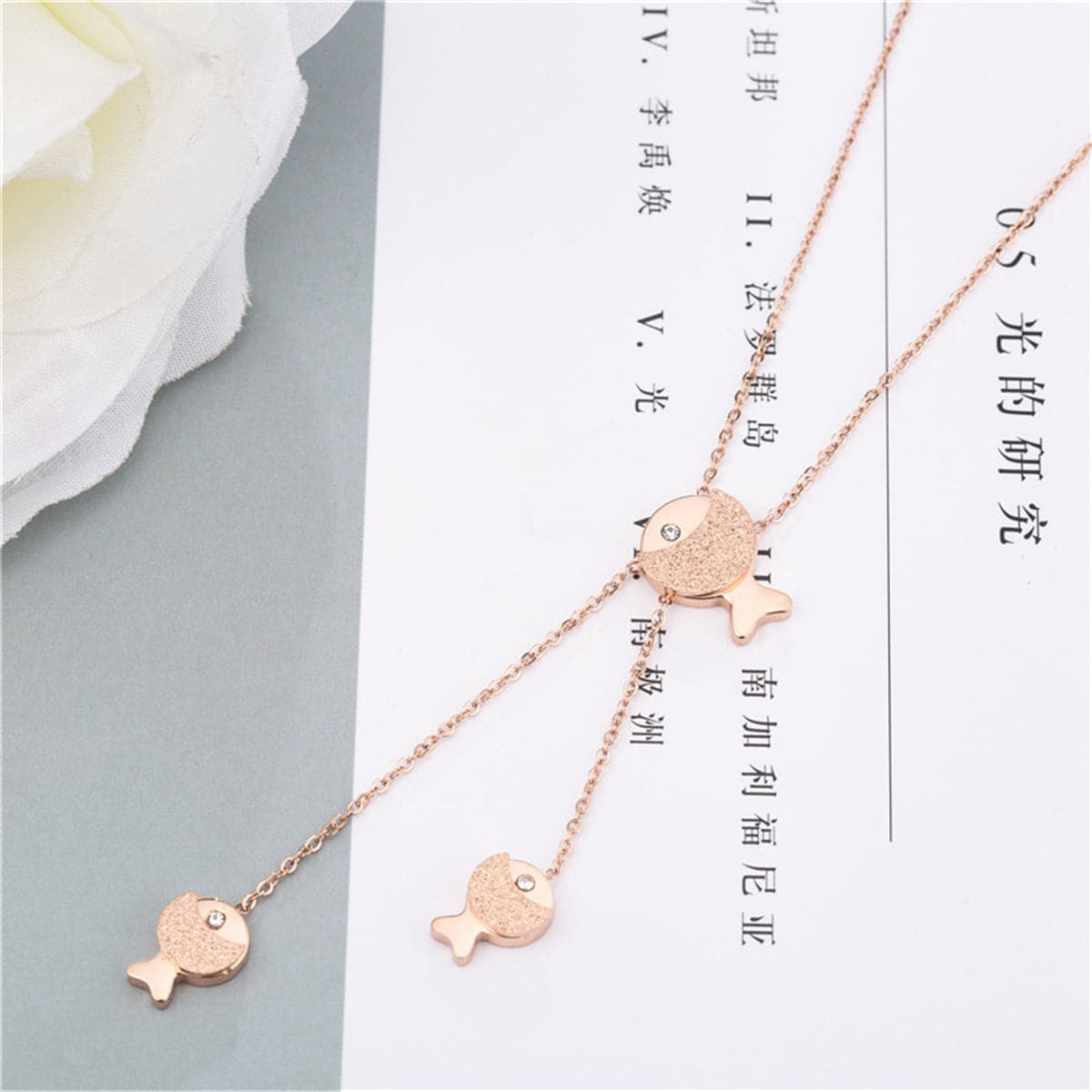 Cubic Zirconia and 18K Rose Gold-Plated Fish Pendant Necklace, rose gold pendant necklace for women, detail close-up