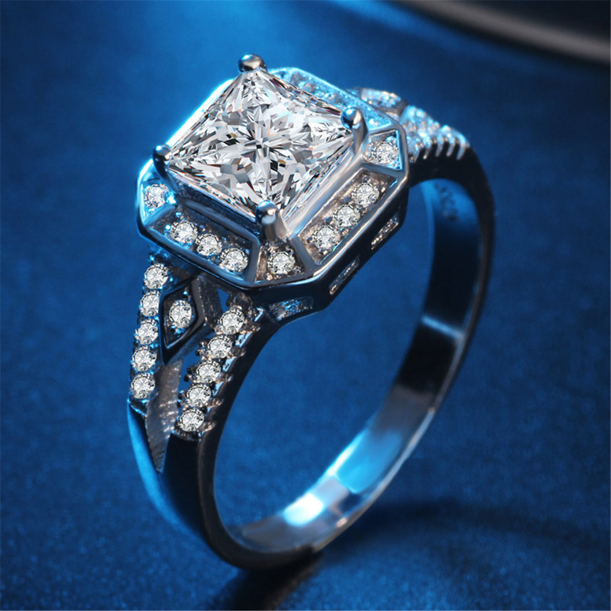 Cubic Zirconia and Crystal Silver-Plated Princess-Cut Ring, silver statement rings for women, detail close-up