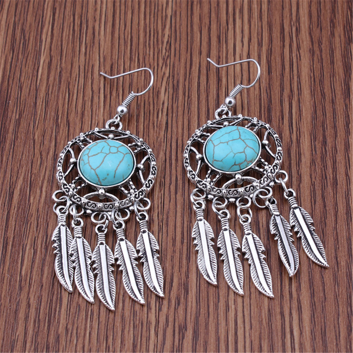 Turquoise & Silver-Plated Circle & Feather Drop Earrings