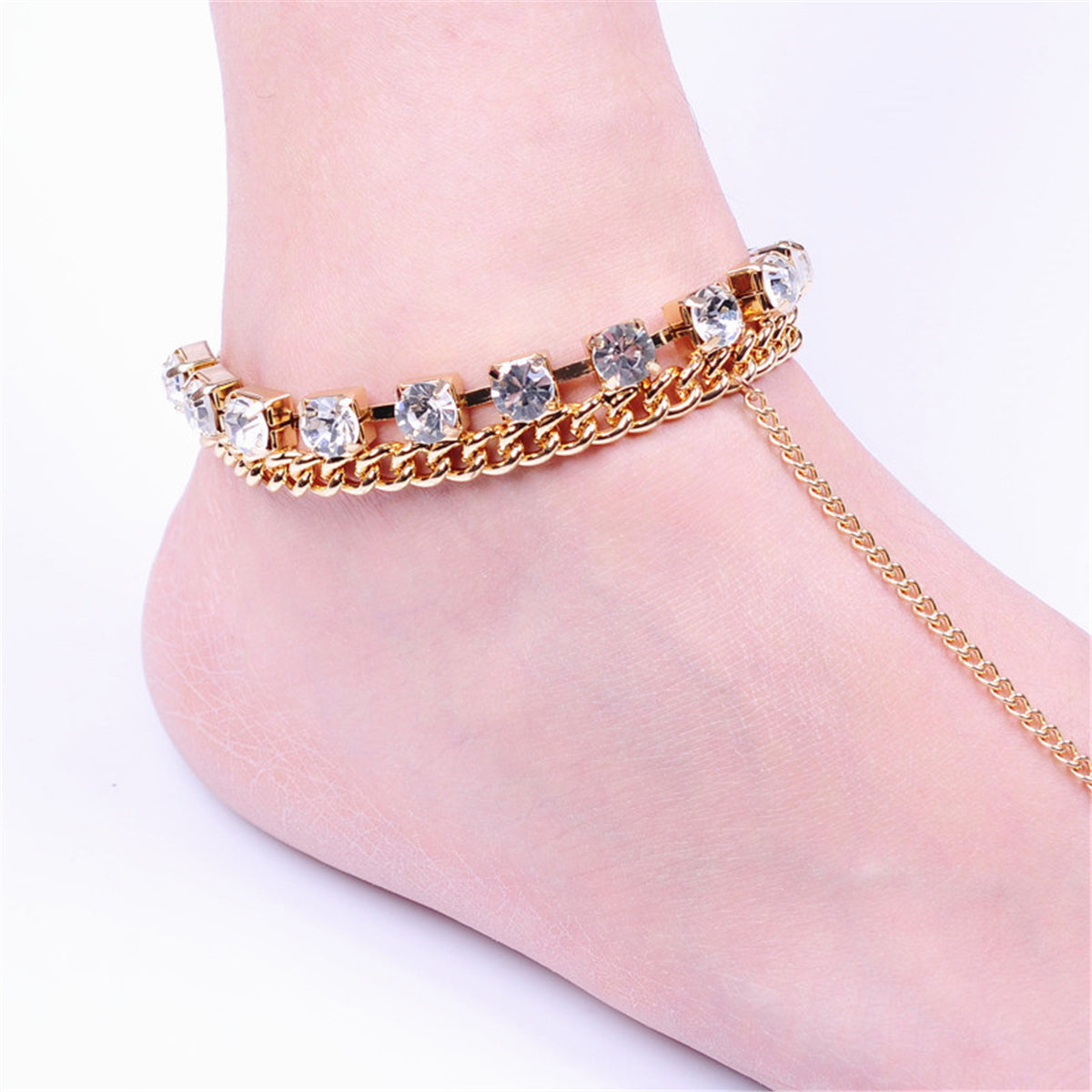 Cubic Zirconia and 18K Gold-Plated Figaro Layer Anklet and Toe Ring Set, gold statement rings for women, lifestyle look