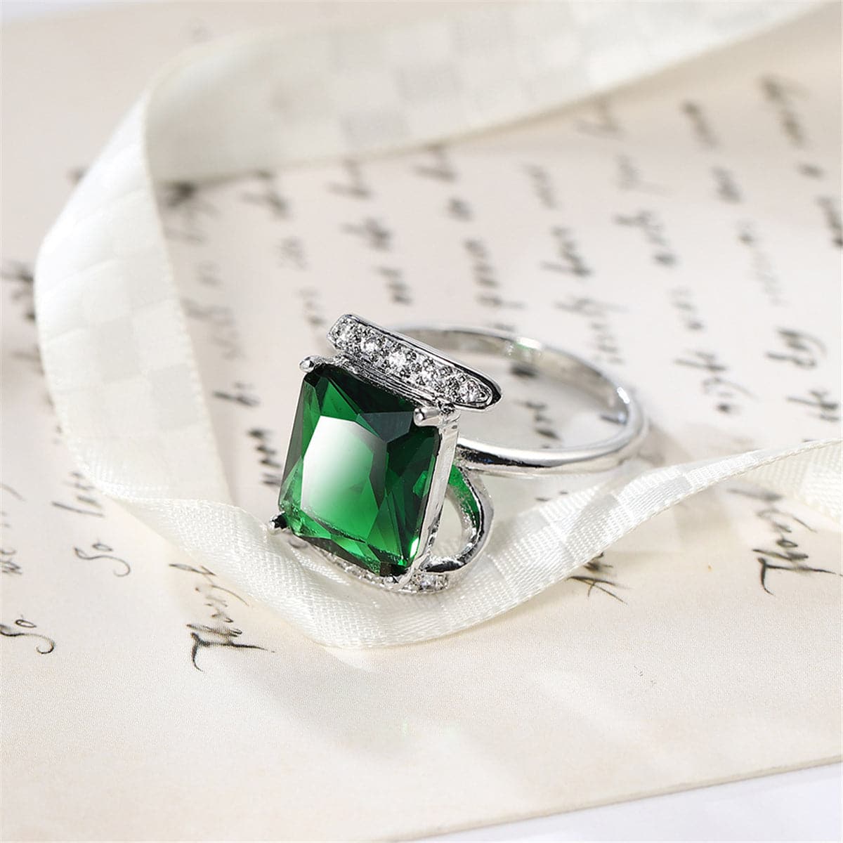 Green Cubic Zirconia & Crystal Princess-Cut Ring