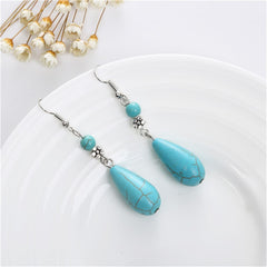 Turquoise & Silver-Plated Pear-Cut Drop Earrings