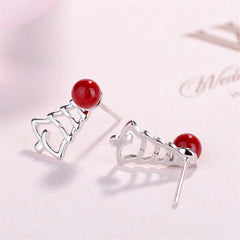 Red Pearl & Silver-Plated Tree Stud Earrings