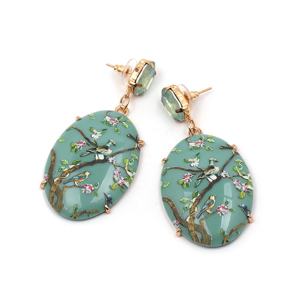 Green Crystal & 18K Gold-Plated Bird Branch Oval Drop Earrings