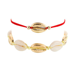 Red & 18K Gold-Plated Seashell Anklet Set