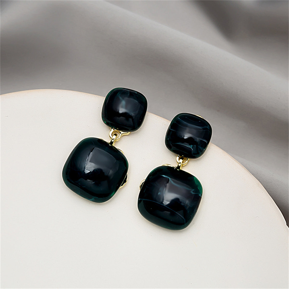 Black Resin and 18K Gold-Plated Square Drop Earrings, gold drop earrings for women, dainty minimalist design, side view