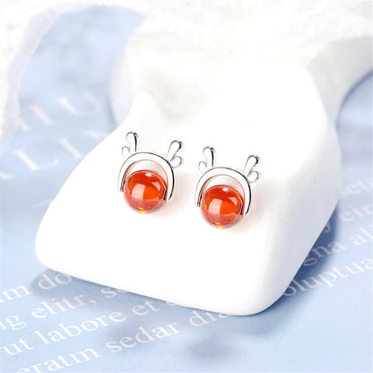 Red Crystal and Silver-Plated Deer Antler Stud Earrings, silver stud earrings for women, vintage-inspired design, front view