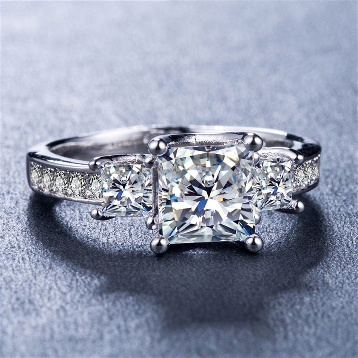 Cubic Zirconia & Silver-Plated Triple Princess-Cut Ring