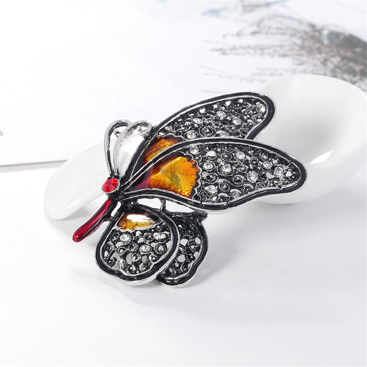 Red Cubic Zirconia & Silver-Plated Butterfly Brooch