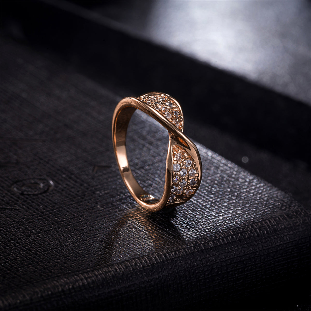 Cubic Zirconia and 18K Rose Gold-Plated Pavé Twisted Ring, rose gold statement rings for women, everyday style, side view