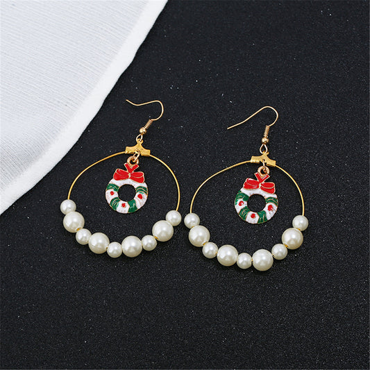 Pearl and Enamel 18K Gold-Plated Suspended Wreath Drop Earrings, gold drop earrings for women, everyday style, front view