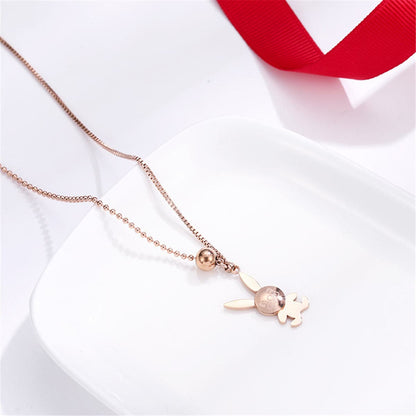18K Rose Gold-Plated Rabbit Pendant Necklace, rose gold pendant necklace for women, botanical inspired, detail close-up