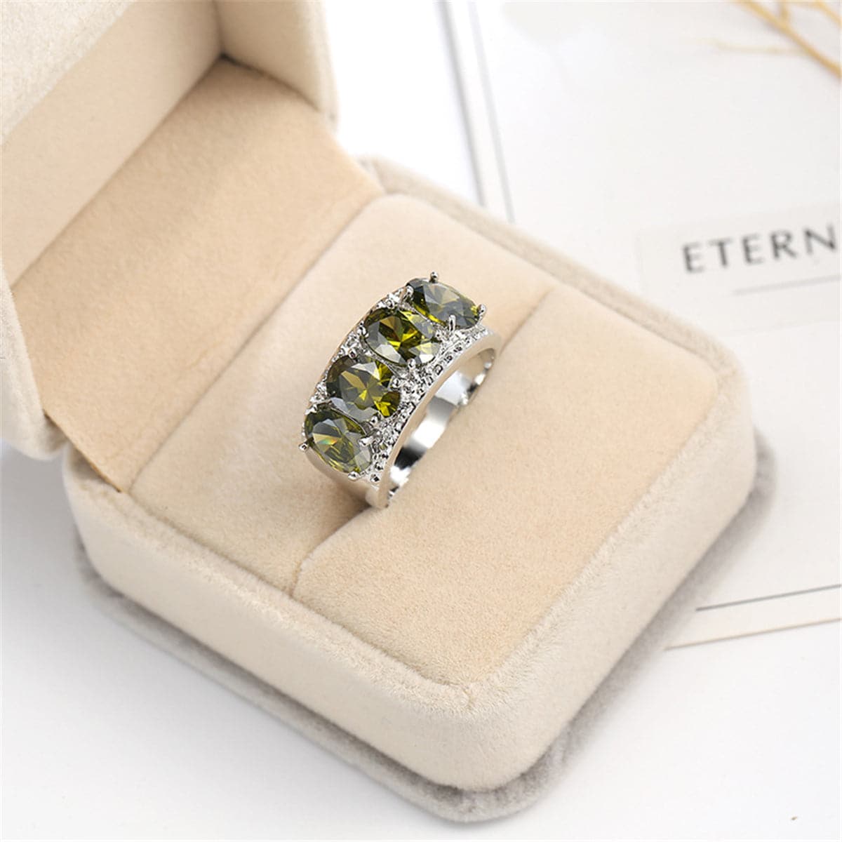 Olive Crystal and Silver-Plated Prong Ring, silver statement rings for women, botanical inspired, detail close-up