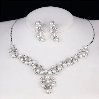Cubic Zirconia & Pearl Cluster Rattan Drop Earrings & Statement Necklace