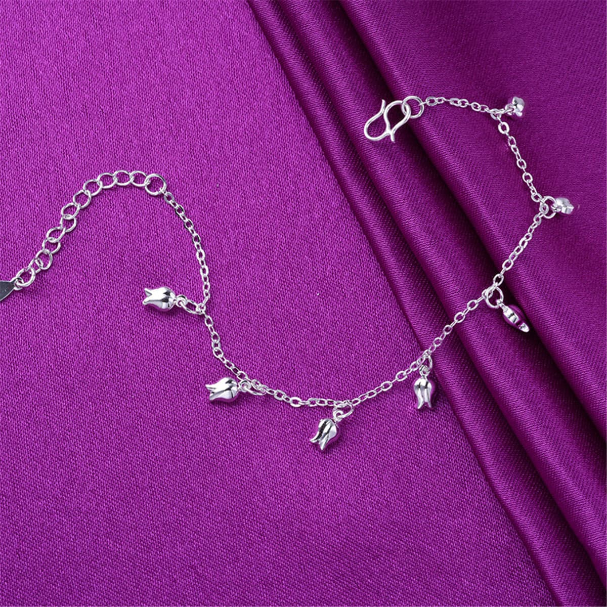 Silver-Plated Rose Bud Charm Anklet