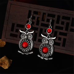 Red Crystal & Silver-Plated Owl Drop Earrings