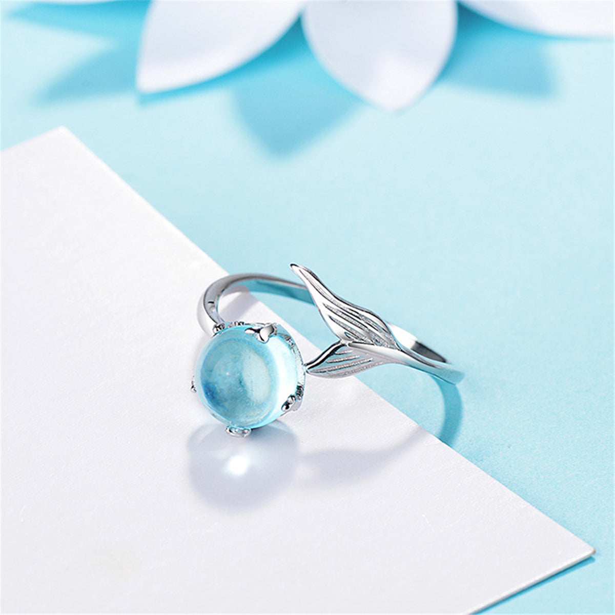 Blue Crystal and Silver-Plated Fishtail Bypass Ring, silver statement rings for women, detail close-up