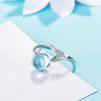 Blue Crystal and Silver-Plated Fishtail Bypass Ring, silver statement rings for women, detail close-up