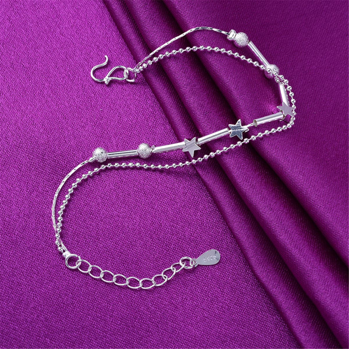 Silver-Plated Star & Bead Double-Strand Anklet