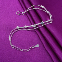 Fine Silver-Plated Star & Bead Double-Strand Anklet