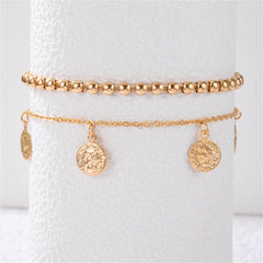 Two stylish gold chain anklets with charms, elegantly designed with an 18K gold-plated coin tassel bead anklet set.