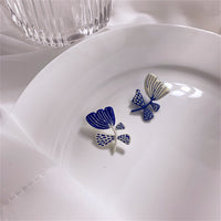 Blue & Silver-Plated Flower Stud Earrings