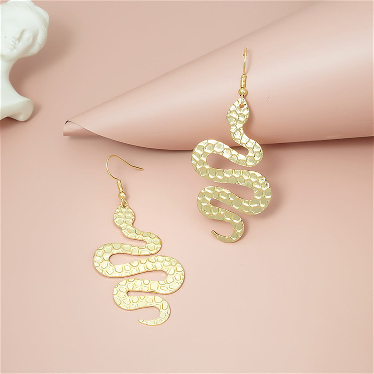 18K Gold-Plated Textured Snake Drop Earrings, gold drop earrings for women, dainty minimalist design, detail close-up