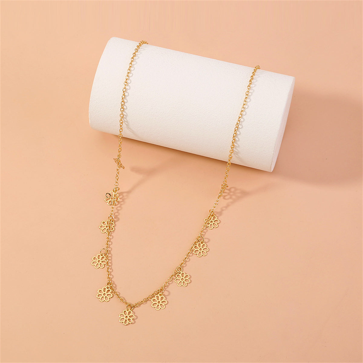 18K Gold-Plated Open Flower Station Necklace, gold pendant necklace for women, elegant gift for her, detail close-up
