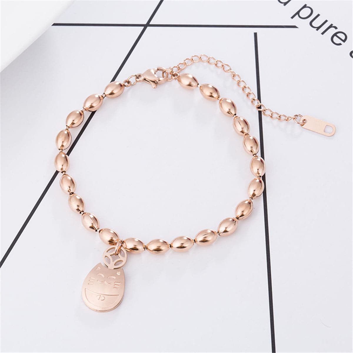 18K Rose Gold-Plated Kitty Long Bead Charm Bracelet, rose gold bracelet for women, botanical inspired, detail close-up