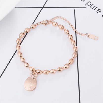 18K Rose Gold-Plated Kitty Long Bead Charm Bracelet, rose gold bracelet for women, botanical inspired, detail close-up