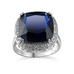 Navy Crystal & Cubic Zirconia Silver-Plated Halo Cushion-Cut Ring