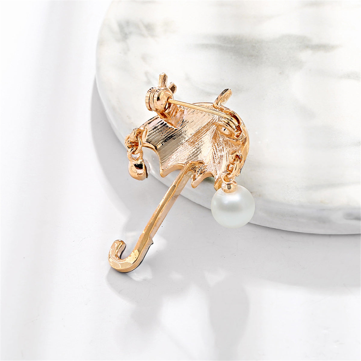 Colored Enamel & Cubic Zirconia Pearl 18K Gold-Plated Umbrella Brooch