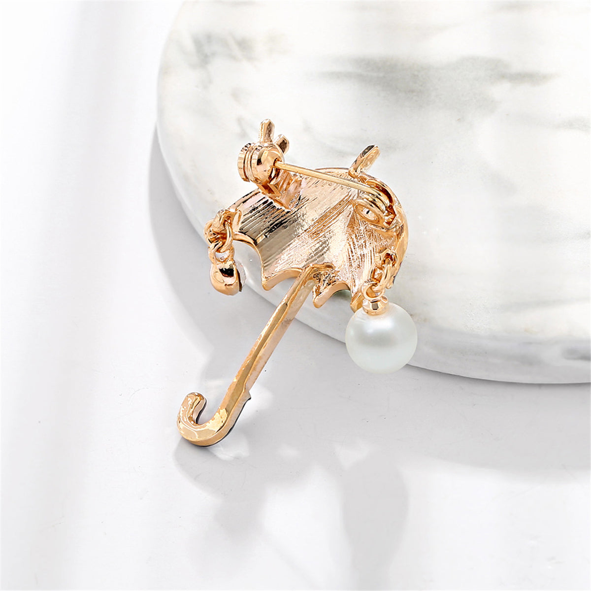Colored Enamel and Cubic Zirconia Pearl 18K Gold-Plated Umbrella Brooch, gold brooch pin, detail close-up