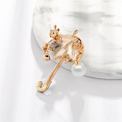 Colored Enamel and Cubic Zirconia Pearl 18K Gold-Plated Umbrella Brooch, gold brooch pin, detail close-up
