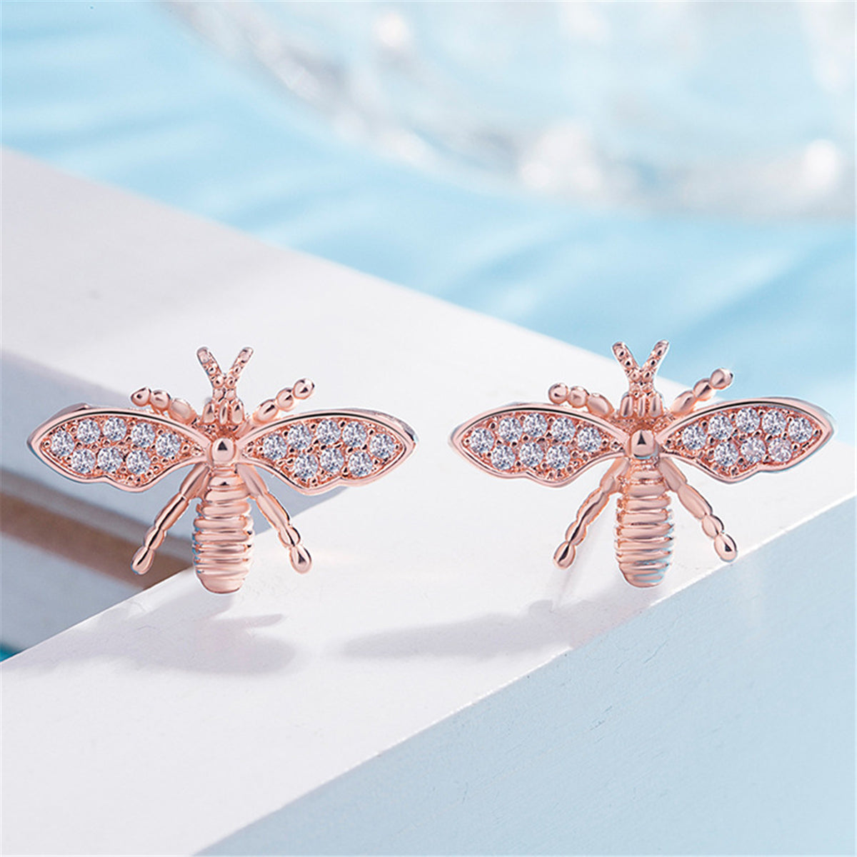 Cubic Zirconia and 18K Rose Gold-Plated Bee Stud Earring, rose gold stud earrings for women, detail close-up