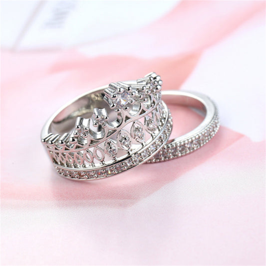 Cubic Zirconia and Silver-Plated Crown Ring Set, jewelry gift sets for women, botanical inspired, front view