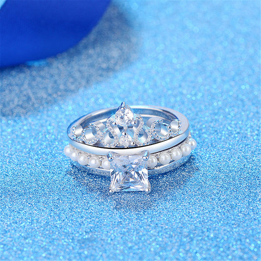 Crystal and Pearl Silver-Plated Princess-Cut Ring and Band Set, jewelry gift sets for women, botanical inspired, front view