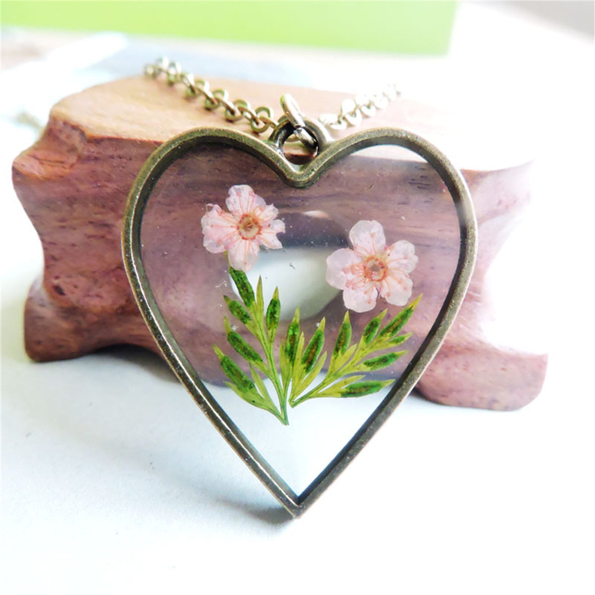 Pink Pressed Flower & 18K Gold-Plated Heart Pendant Necklace