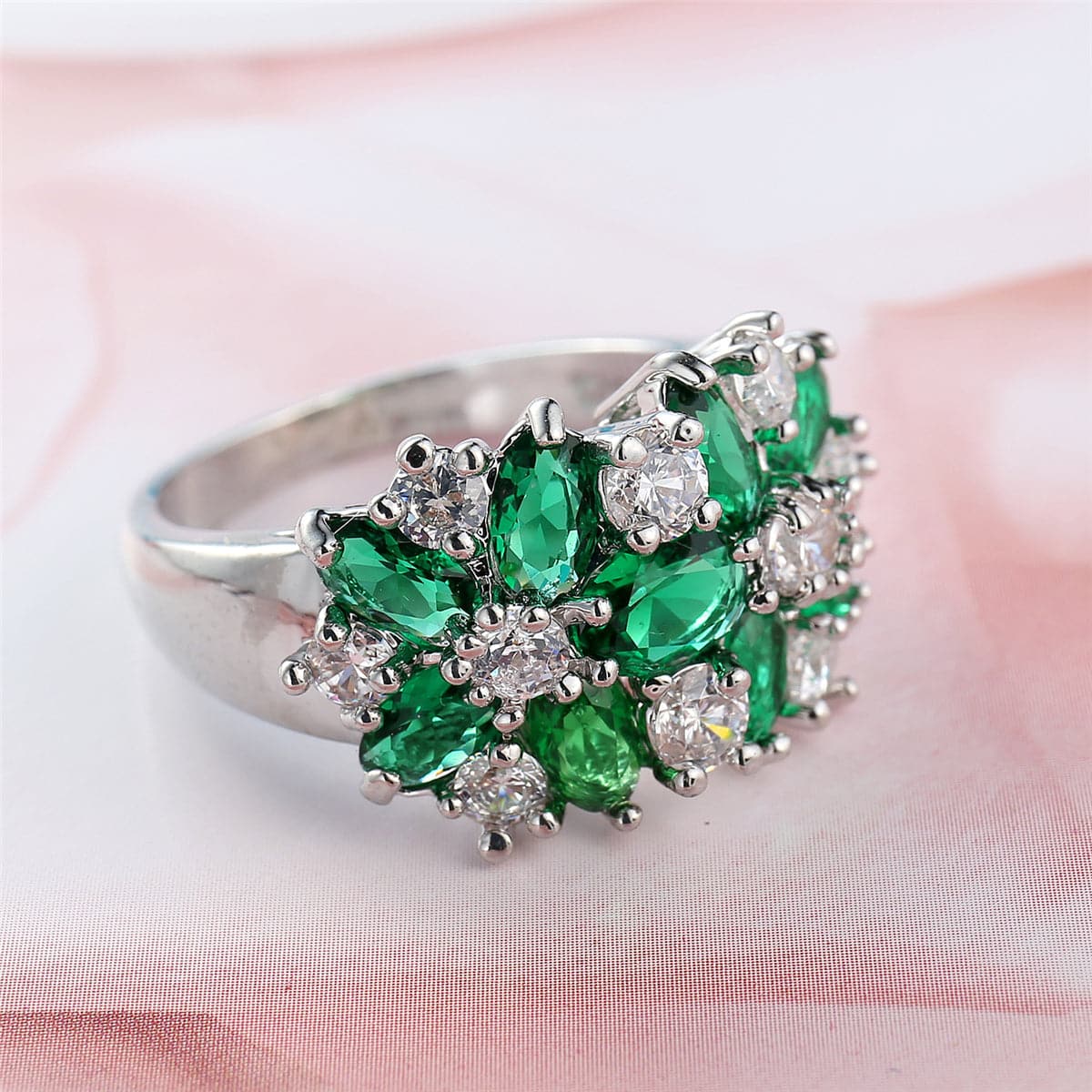 Green Cubic Zirconia & Crystal Plum Blossom Band Ring