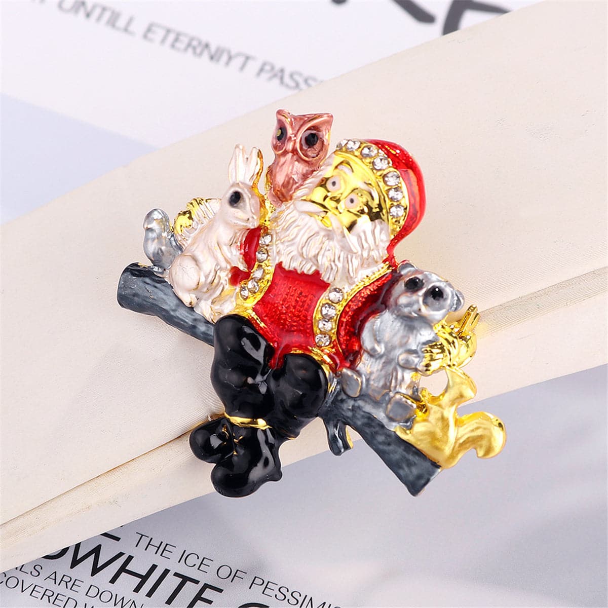 Cubic Zirconia & Enamel Silver-Plated Santa Claus Animals Brooch