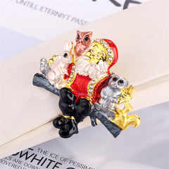 Cubic Zirconia & Enamel Silver-Plated Santa Claus Animals Brooch