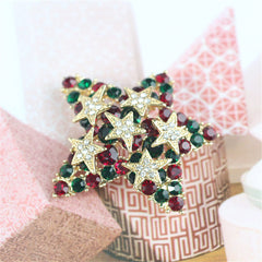 Red Cubic Zirconia & 18K Gold-Plated Stacked Star Brooch