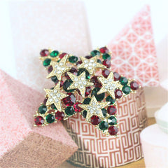 Red Cubic Zirconia & 18K Gold-Plated Stacked Star Brooch