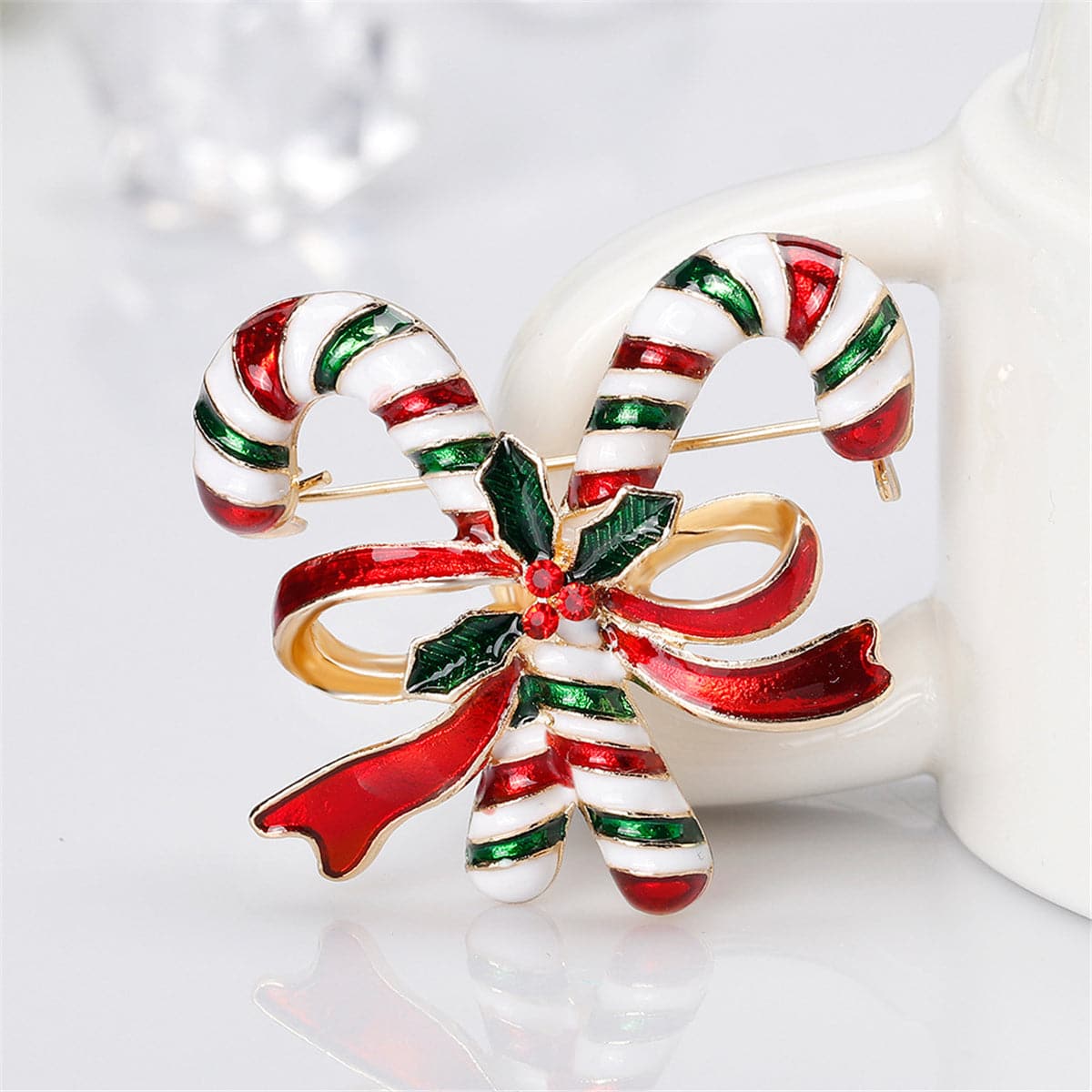 Red & 18K Gold-Plated Bow & Double Candy Cane Crutch Brooch