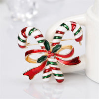 Red & 18k Gold-Plated Bow & Double Candy Cane Crutch Brooch
