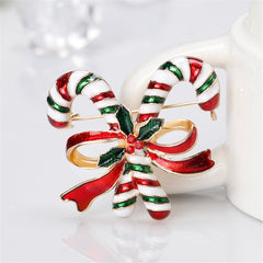 Red & 18K Gold-Plated Bow & Double Candy Cane Crutch Brooch