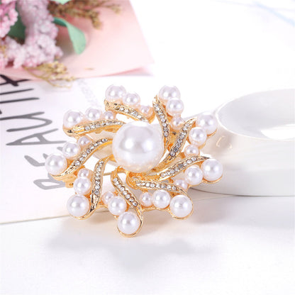 Clear Cubic Zirconia and Pearl 18K Gold-Plated Vortex Brooch, gold brooch pin, everyday style, lifestyle look
