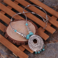 Turquoise & Silver-Plated Round Pendant Necklace