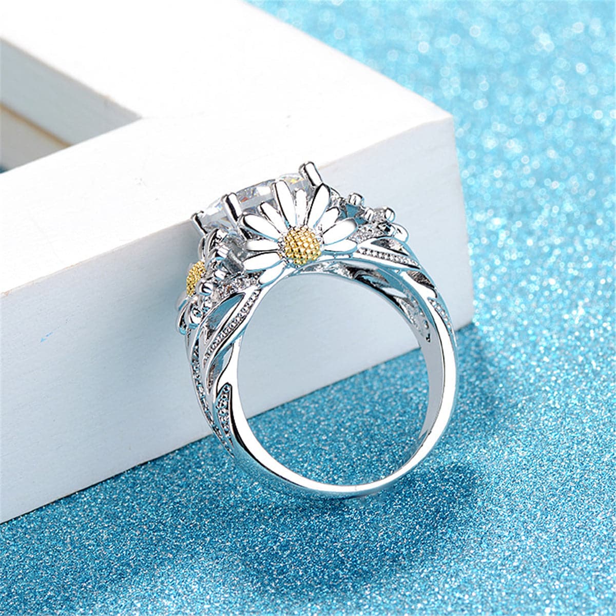 Cubic Zirconia & Crystal Two Tone Sunflower Ring