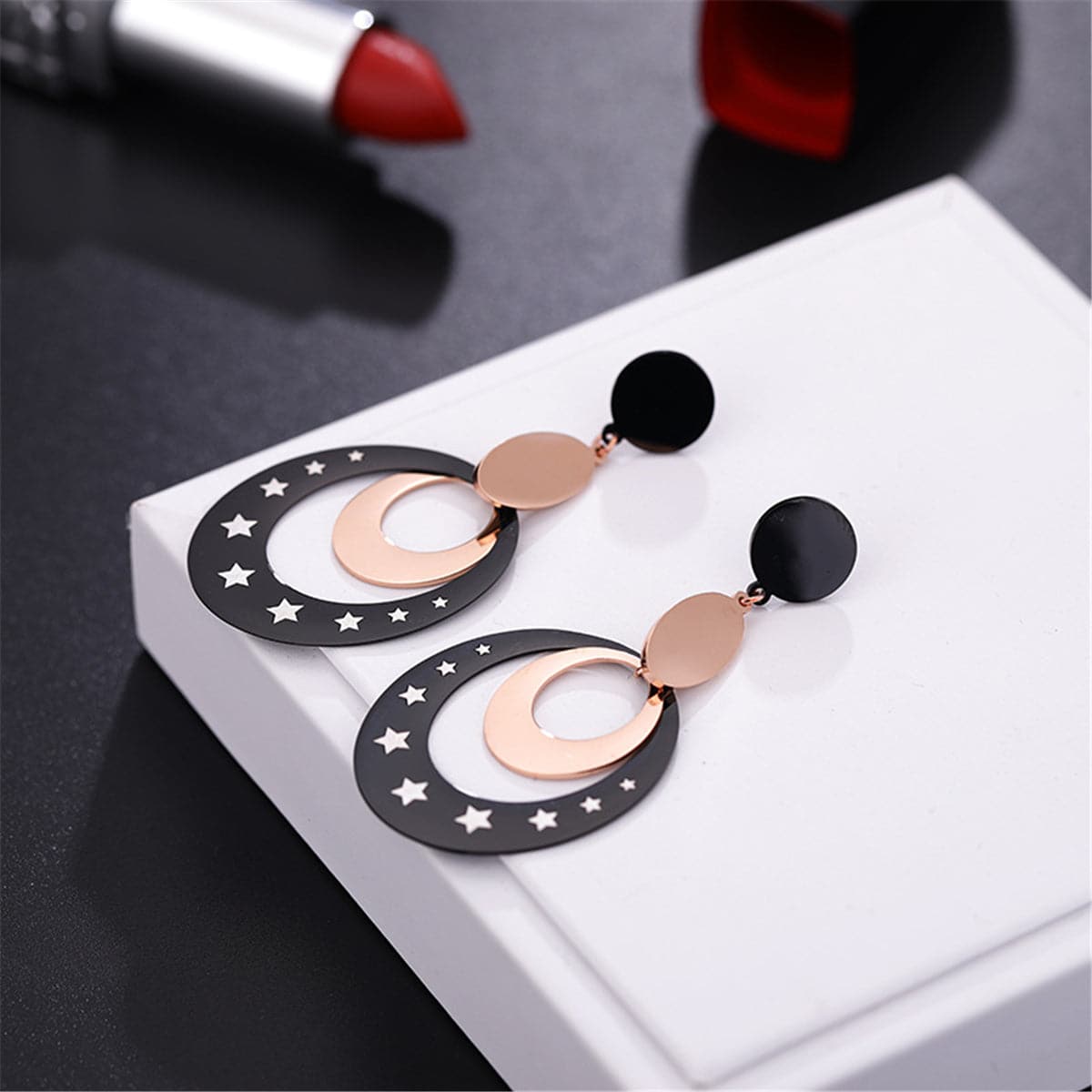 Black and 18K Rose Gold-Plated Star Circle Drop Earrings, rose gold drop earrings for women, styled look